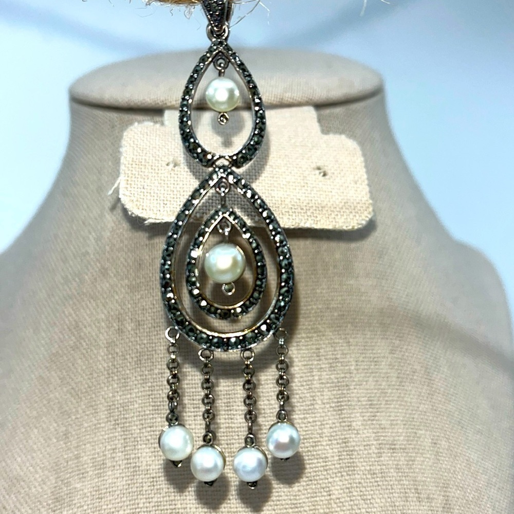 Vintage Suspicion Marcasite & Pearl Pendant 🌟 Sterling Elegance - Picture 7 of 14